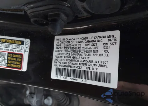 2016 Honda Cr-V Ex-L from USA, damaged, VIN 2HKRM4H78GH650082